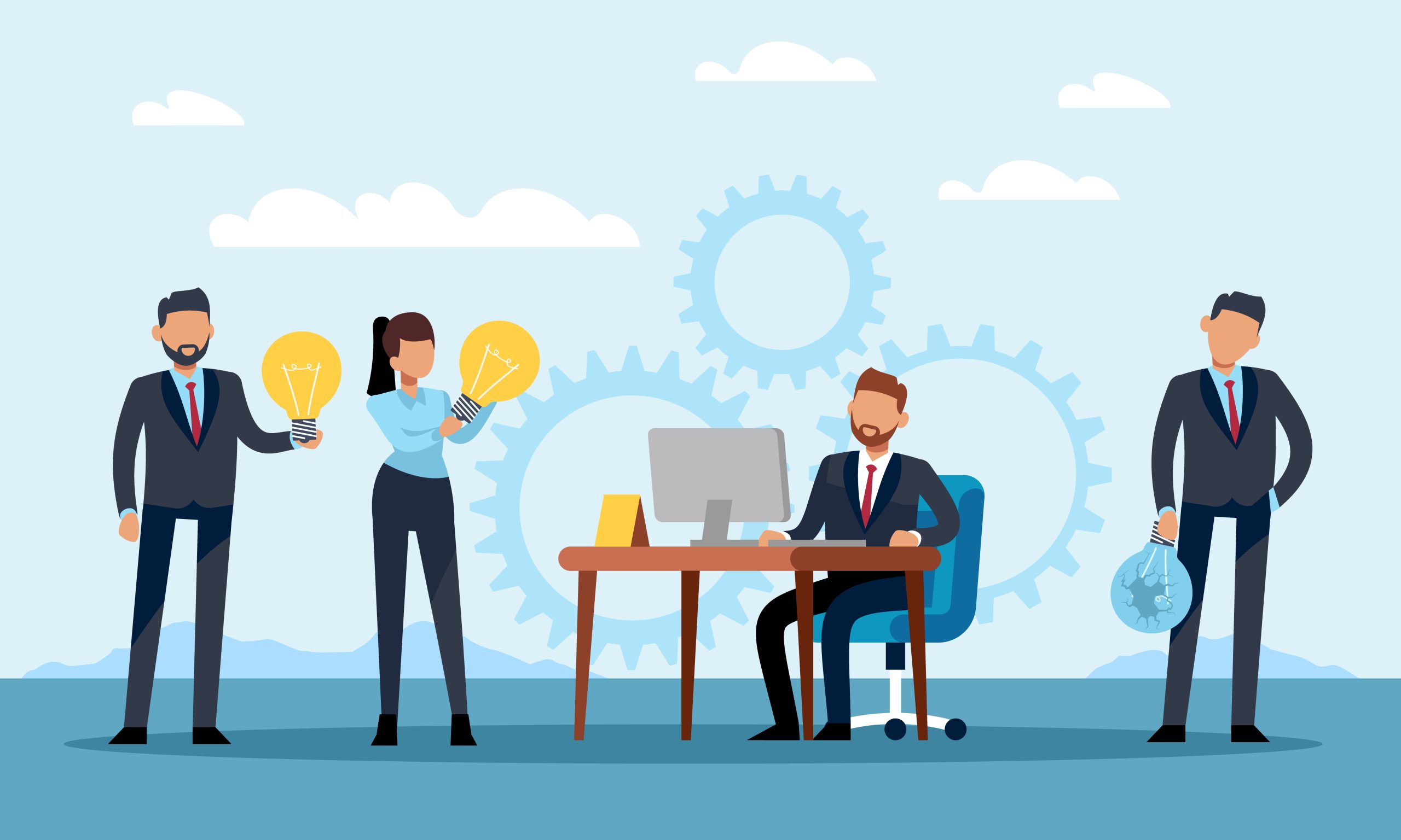 The creative team. Affirmation and rejection of ideas. Group of people presenting projects to boss, brainstorming and creativity process banner. Vector cartoon flat isolated business teamwork concept