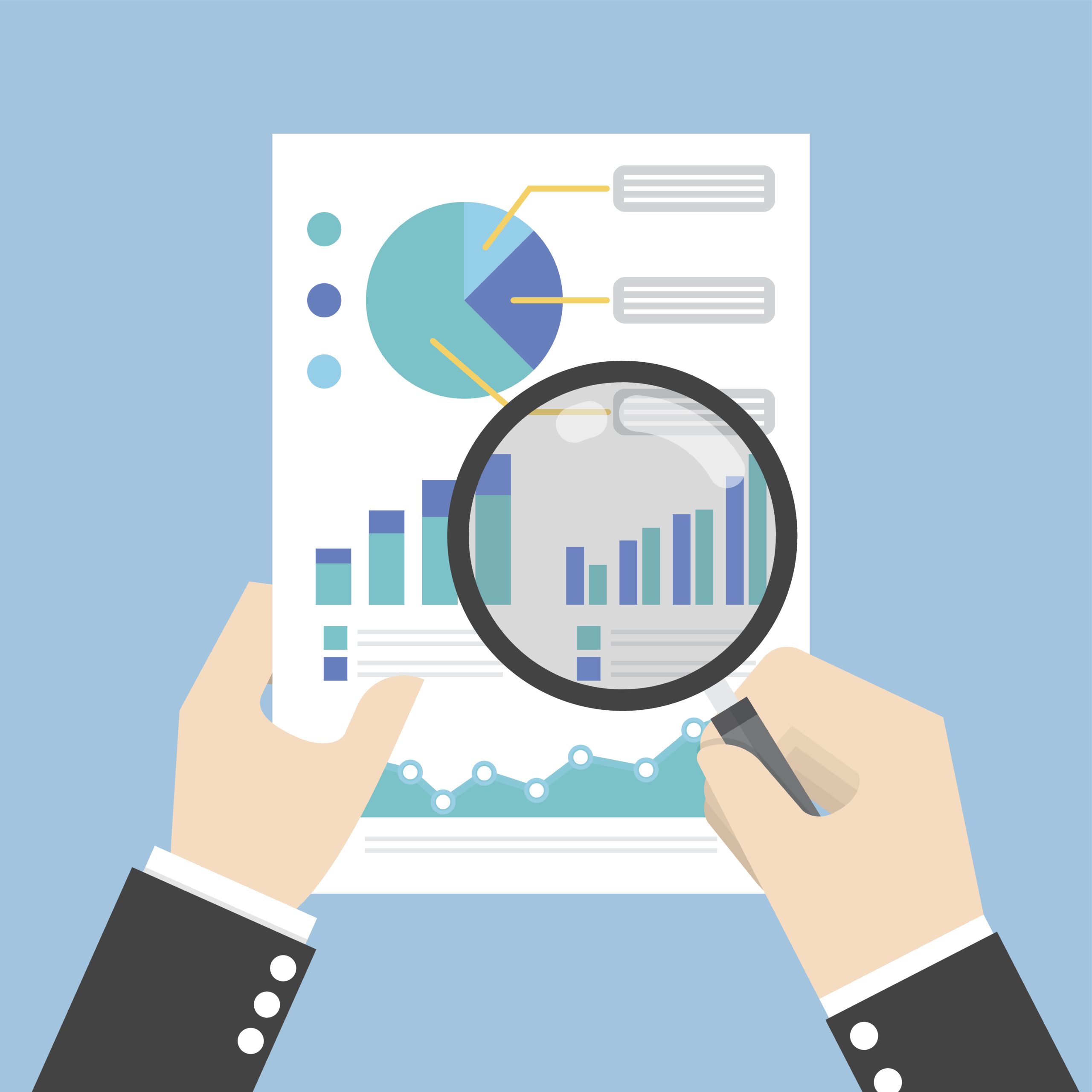 Businessman hands holding a magnifying glass and analysing the data, Data analysis concept, VECTOR, EPS10