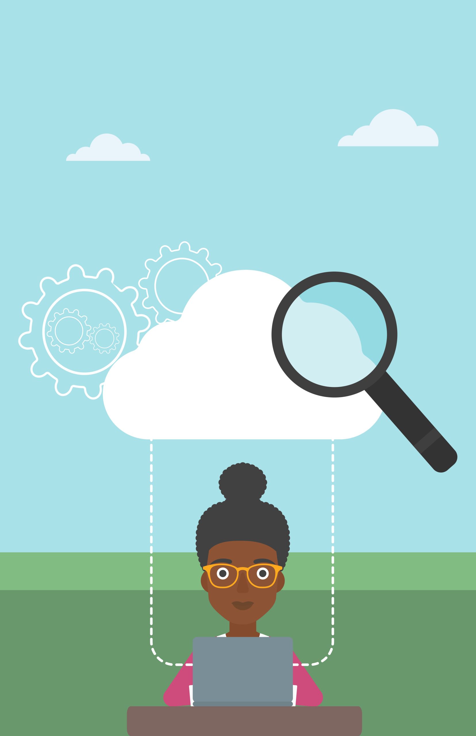 An african-american young business woman working on a laptop and cloud, magnifier and gears above her. Cloud computing concept. Vector flat design illustration. Vertical layout.